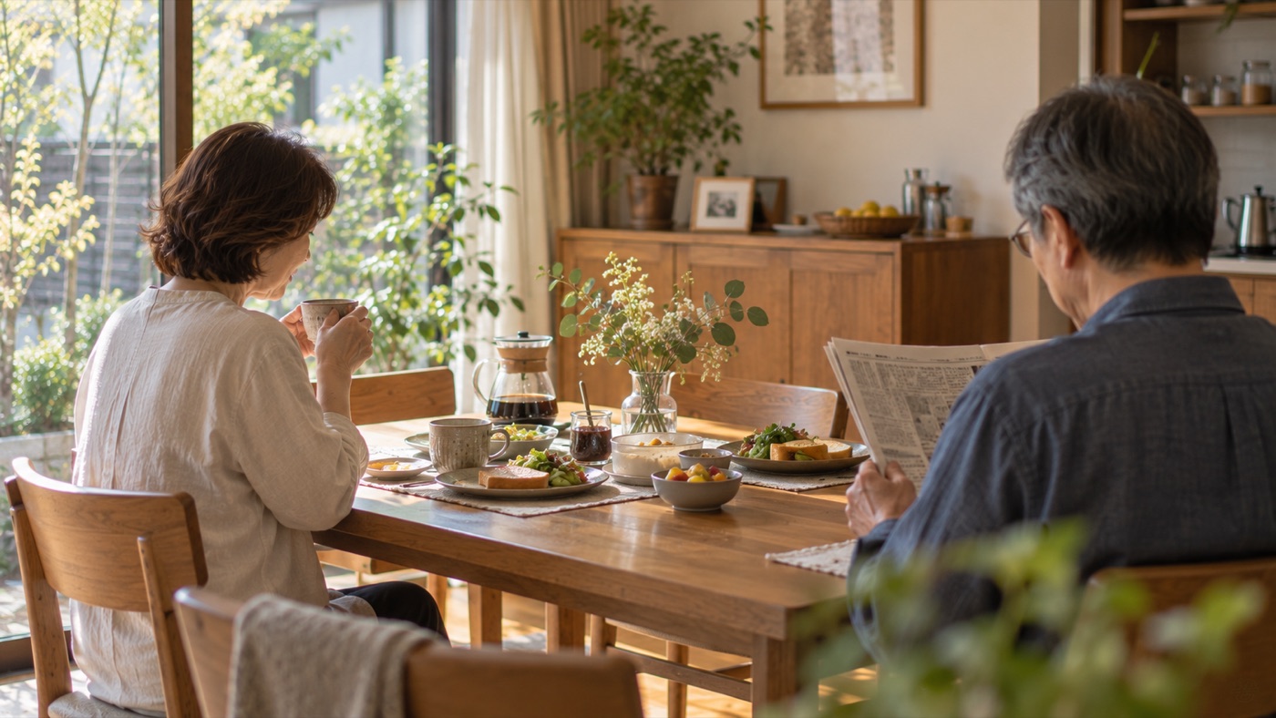 朝の食卓で、それぞれの時間を過ごす夫婦