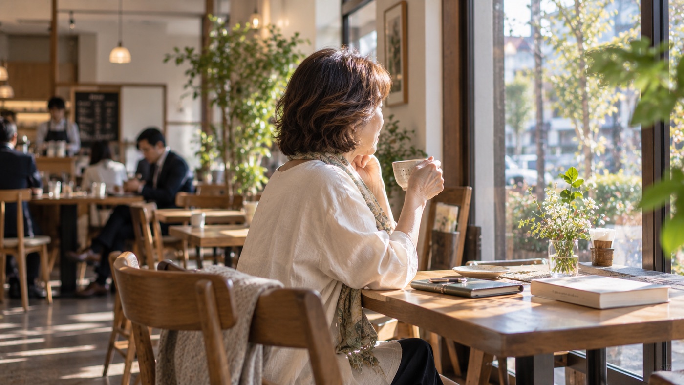 平日の昼間、窓際の席でひとりお茶を飲む女性