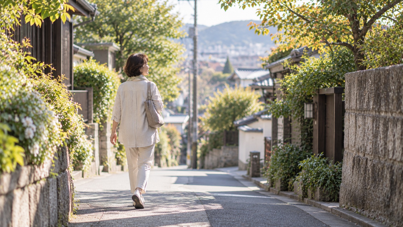 住宅街の坂道を歩く女性の後ろ姿