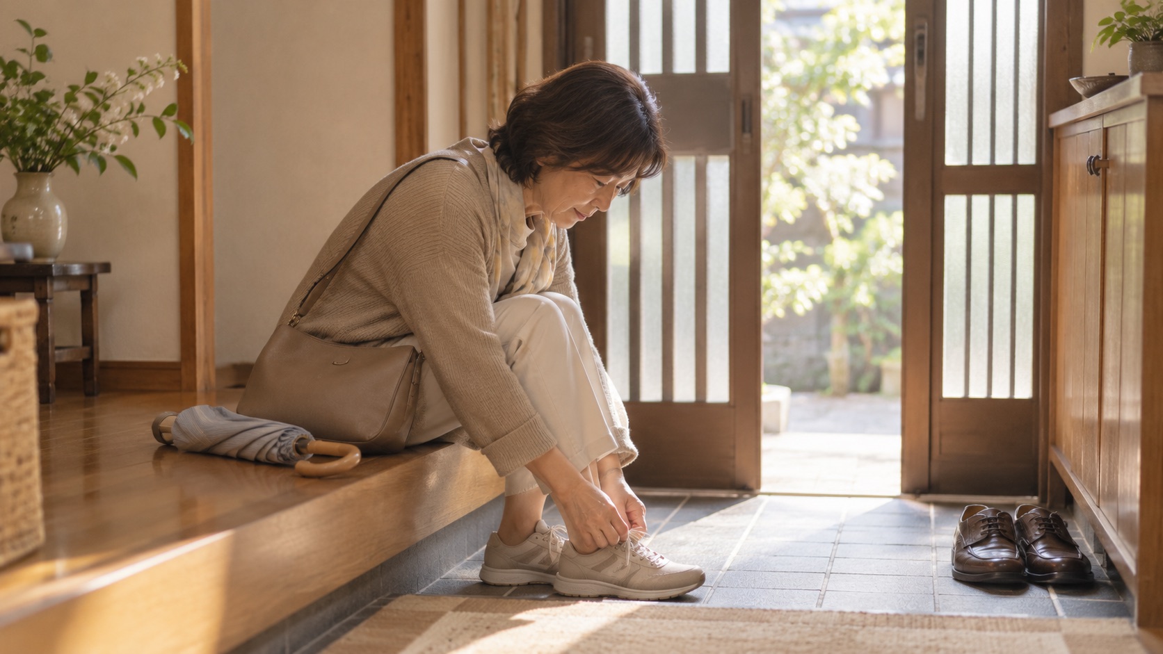 土曜の午後、玄関で靴を履いて一人で出かける女性