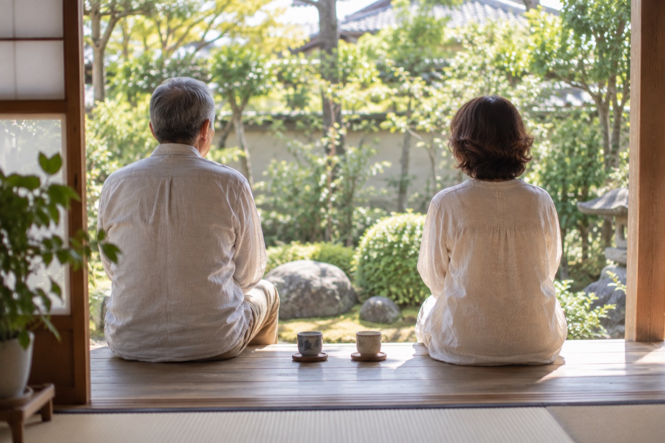 縁側に並んで座る夫婦と二つの湯のみ