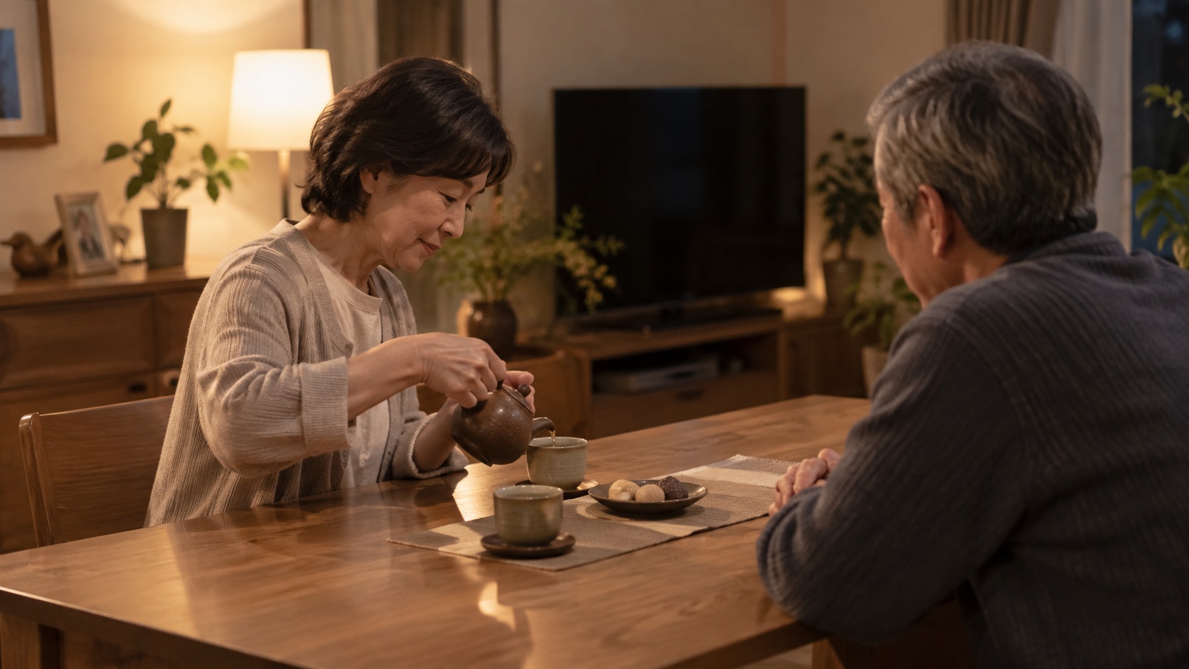 夕食のあと、急須でお茶を淹れる夫婦