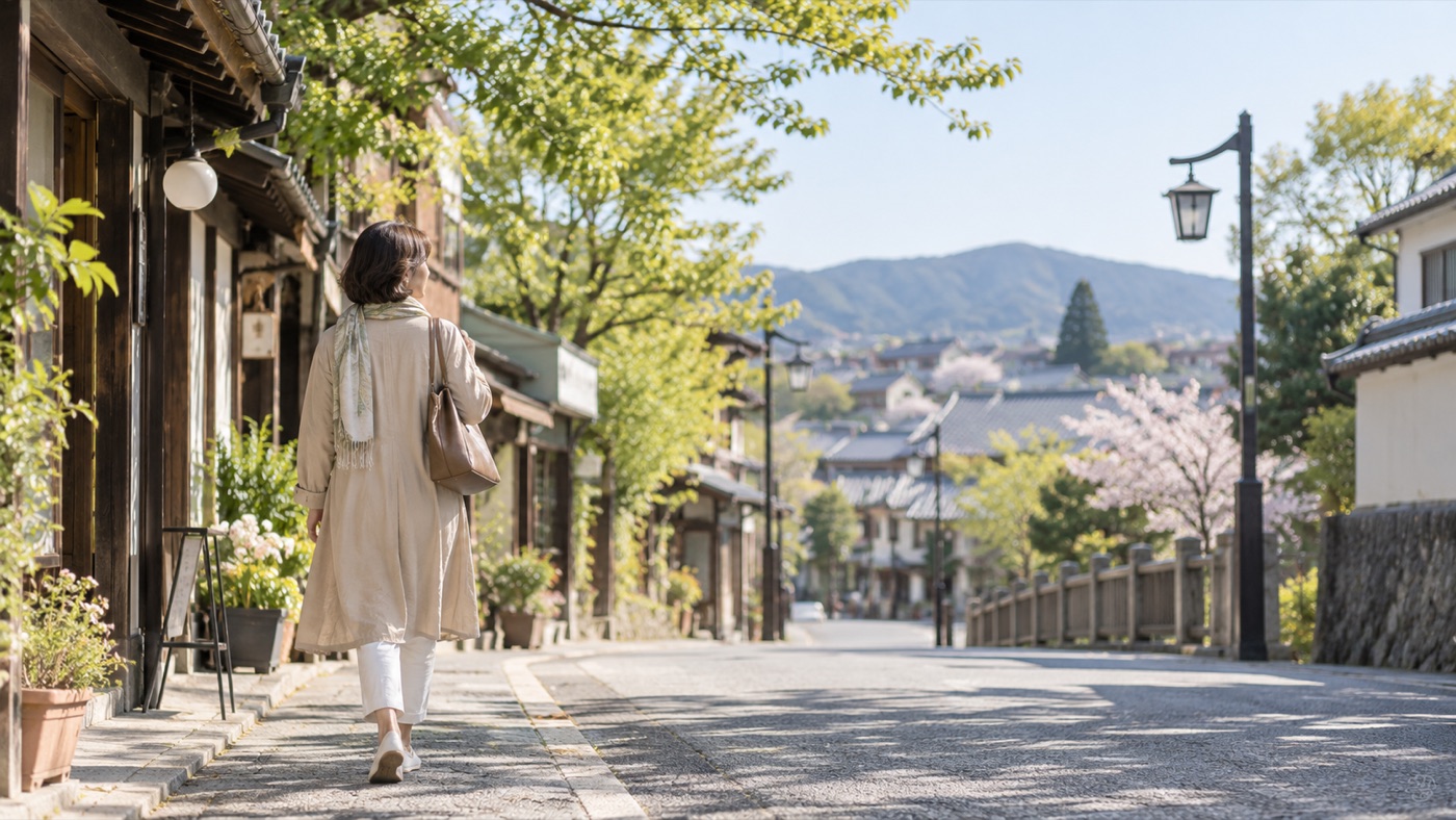 春の坂道を、ひとりで歩く女性の後ろ姿