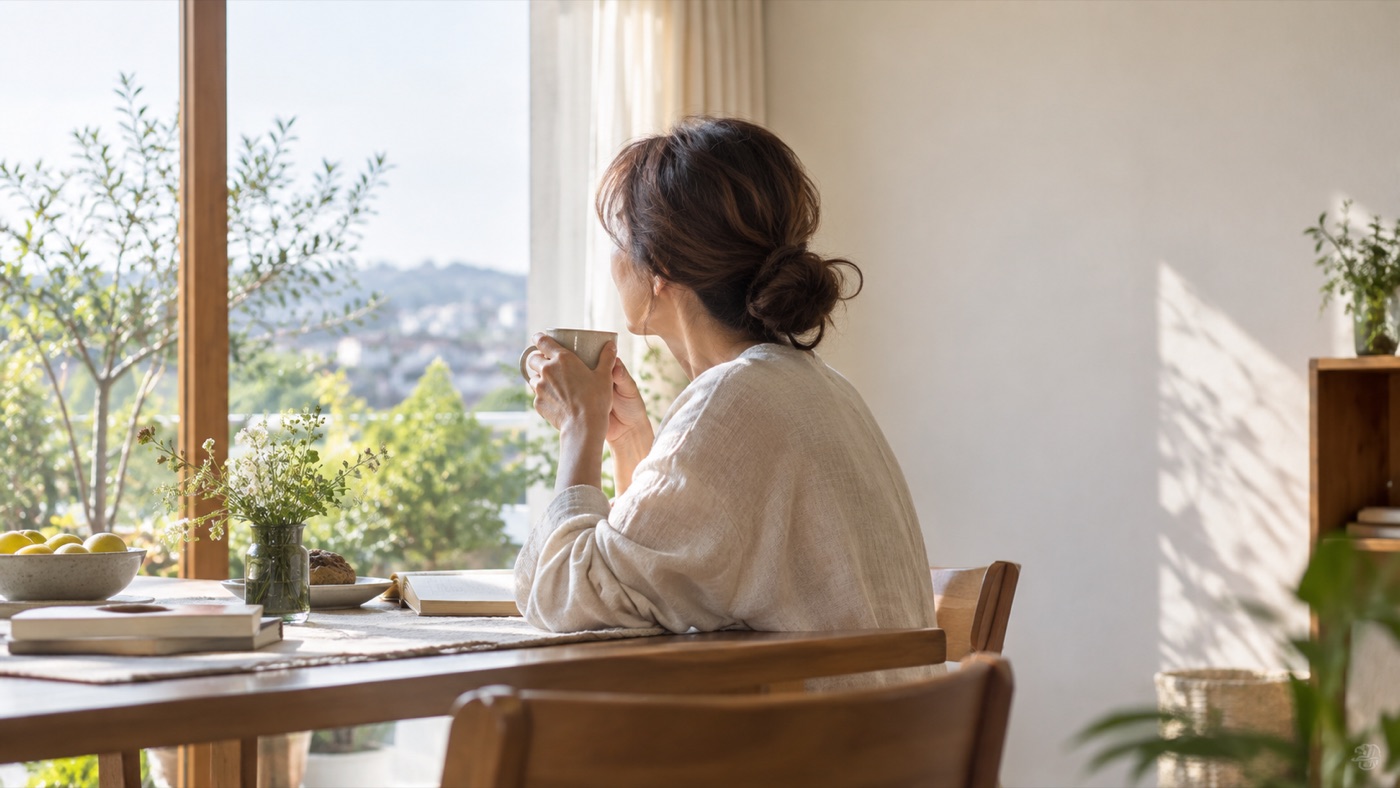 朝の窓辺で、コーヒーを飲みながら外を眺める女性