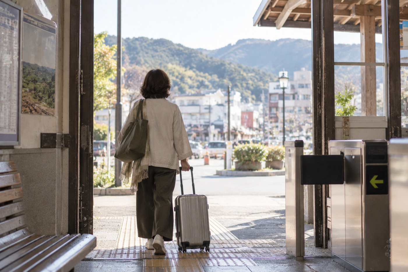 駅の改札を、小さなキャリーケースを引いて歩く女性の後ろ姿