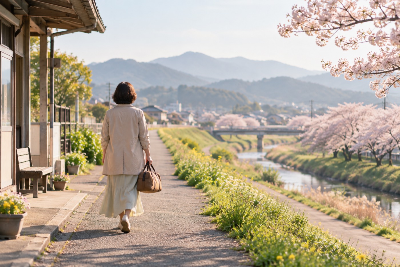 桜の土手へ続く道を歩く女性の後ろ姿