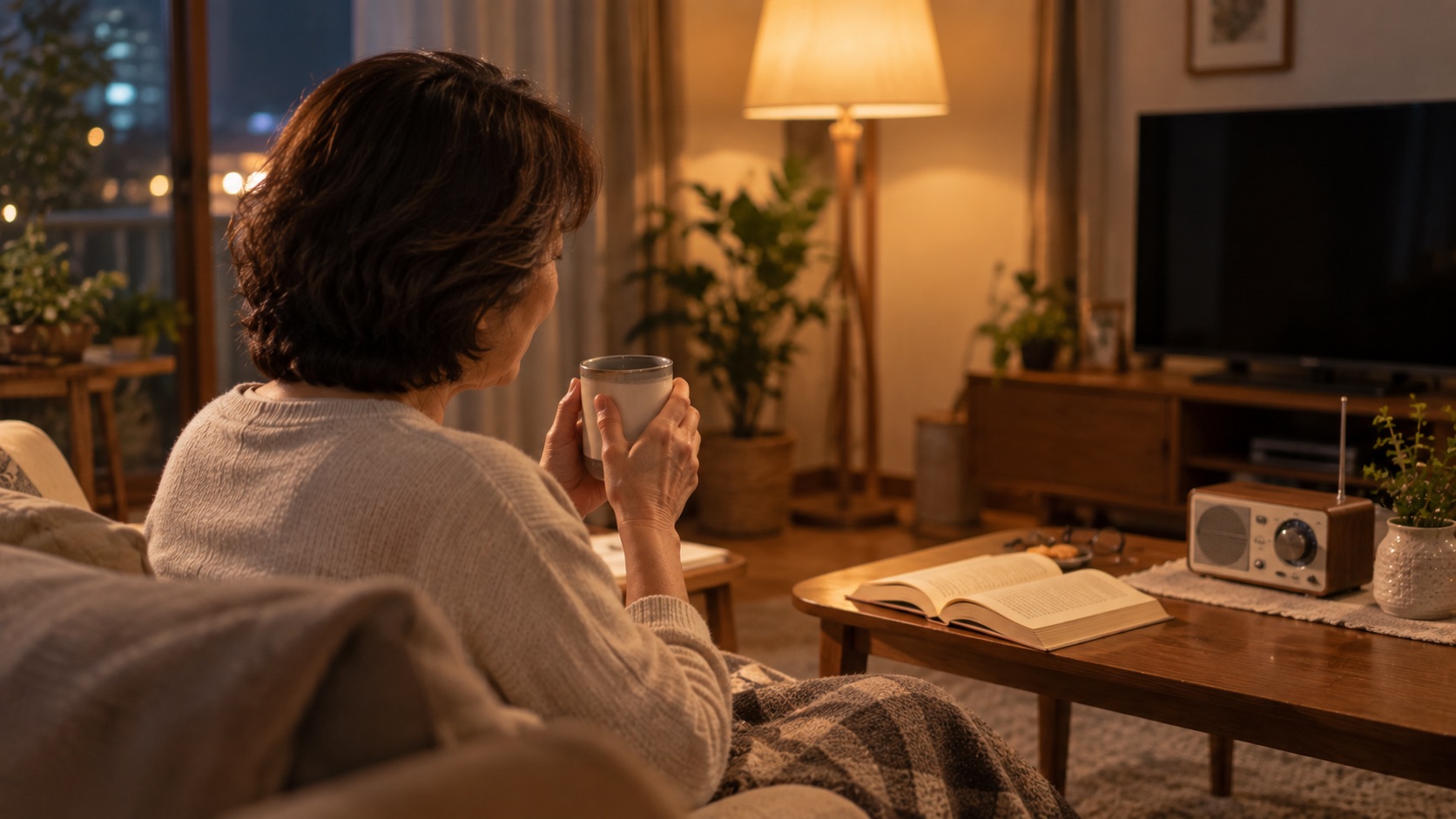 夜、テレビを消してラジオと本とお茶の時間を過ごす女性