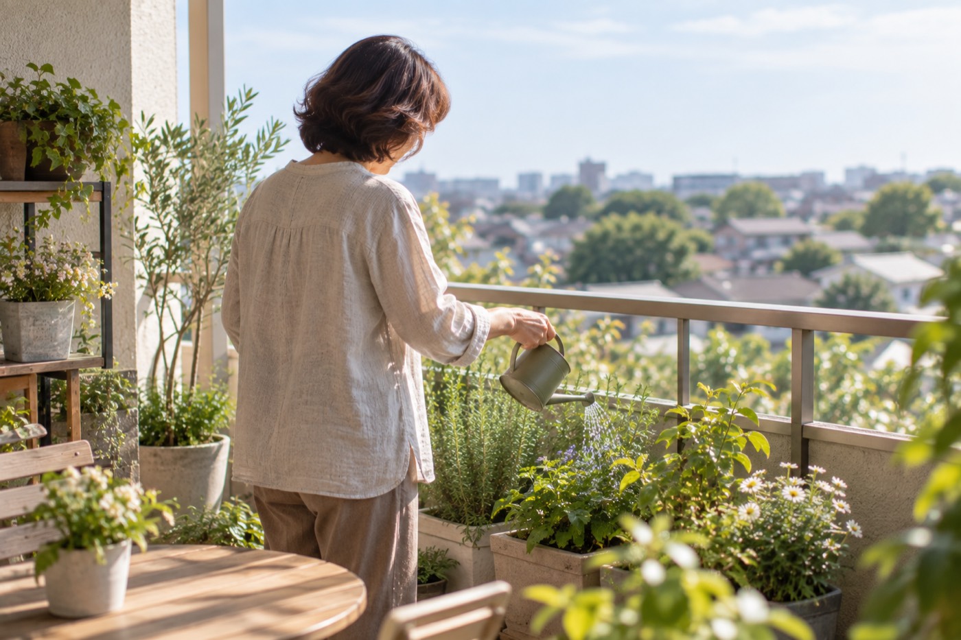 ベランダで植木に水をやる女性