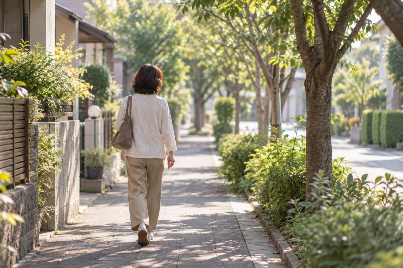 平日の朝、並木道を歩く女性の後ろ姿