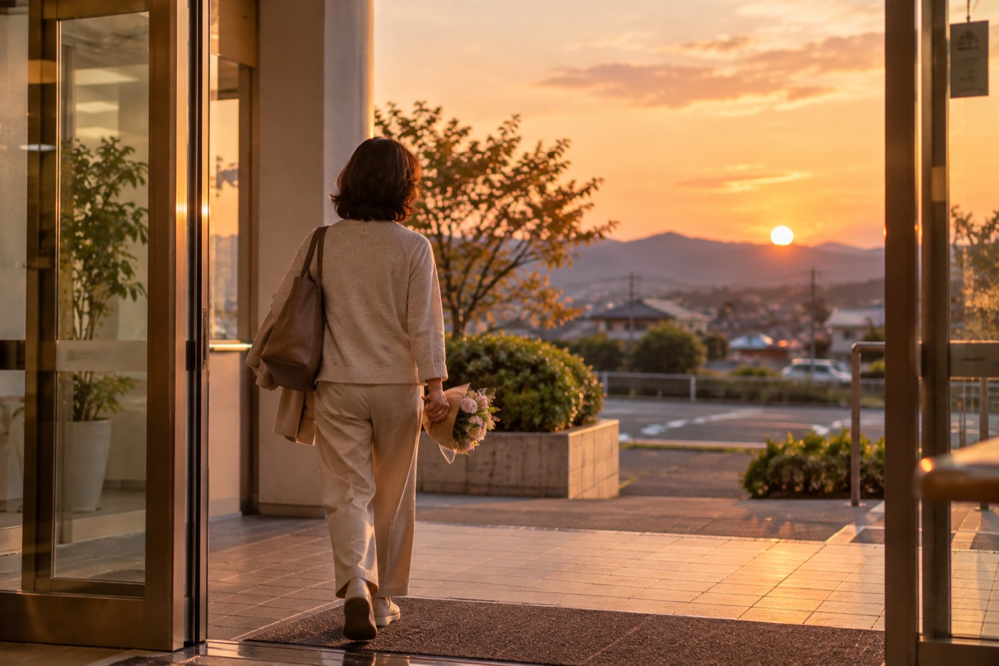 夕焼けの中、花束を持って職場を出る女性の後ろ姿