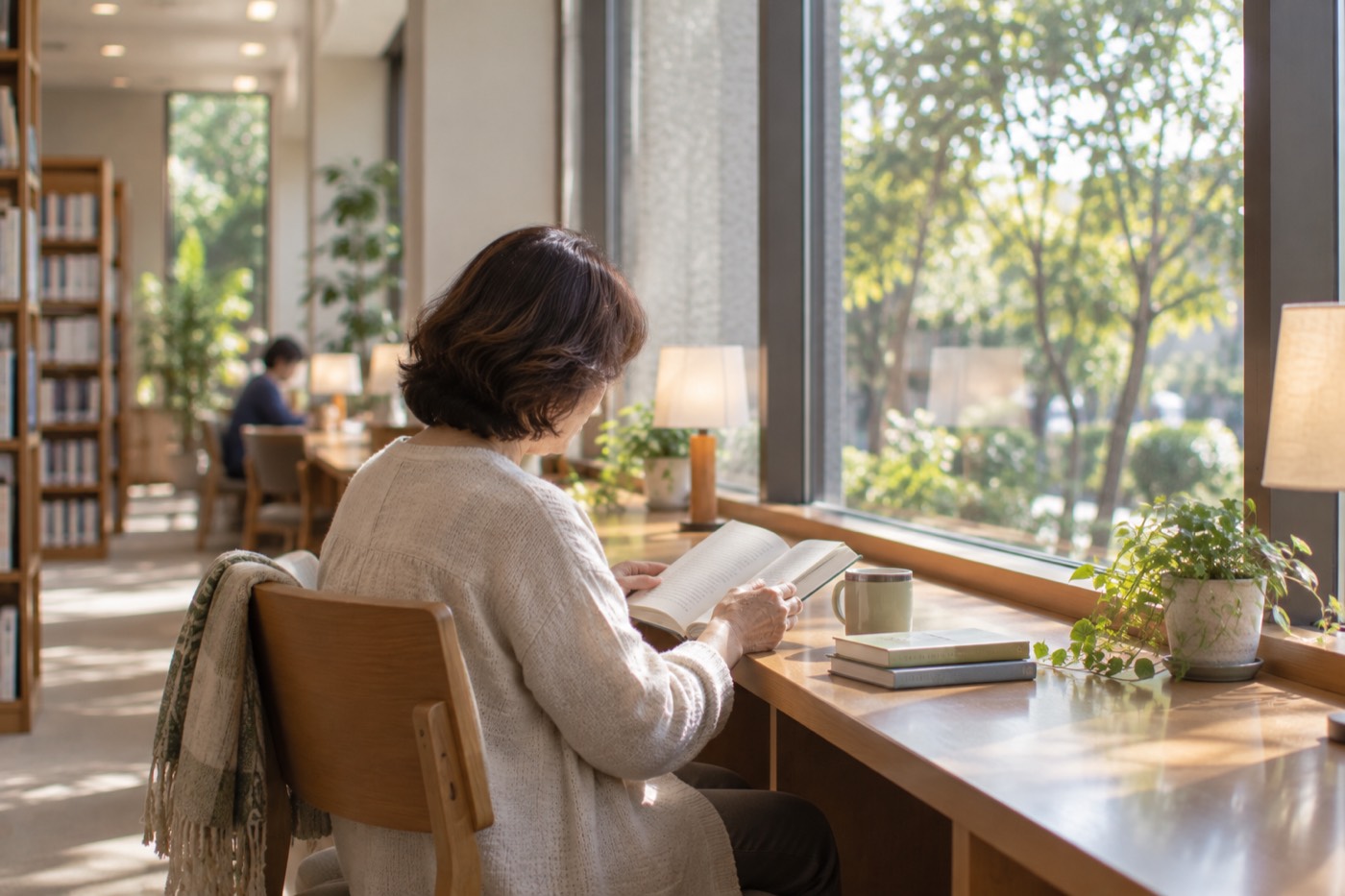 図書館の窓際で本を読む女性
