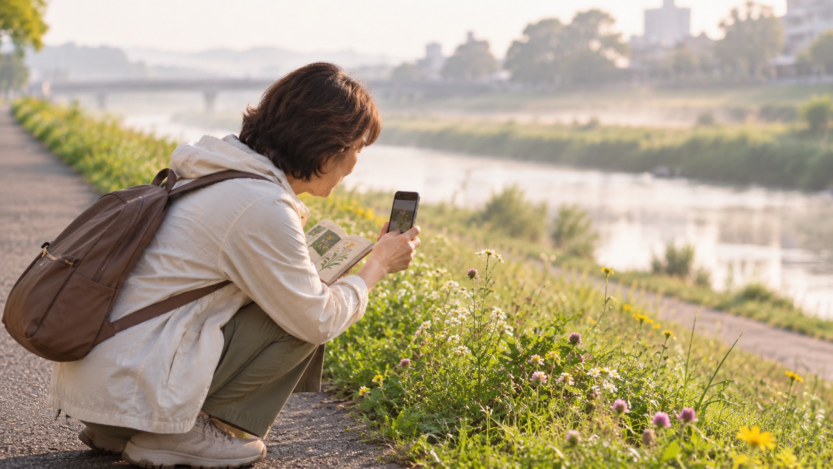 朝の土手で道ばたの花をスマホで撮る女性