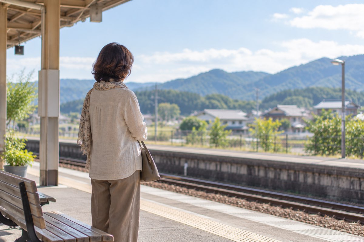 駅のホームで電車を待つ女性の後ろ姿