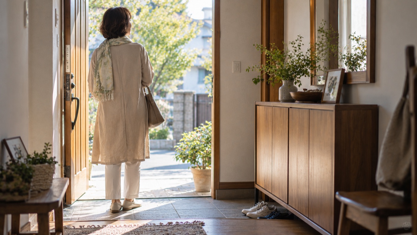 玄関から外へ出かけていく女性の後ろ姿