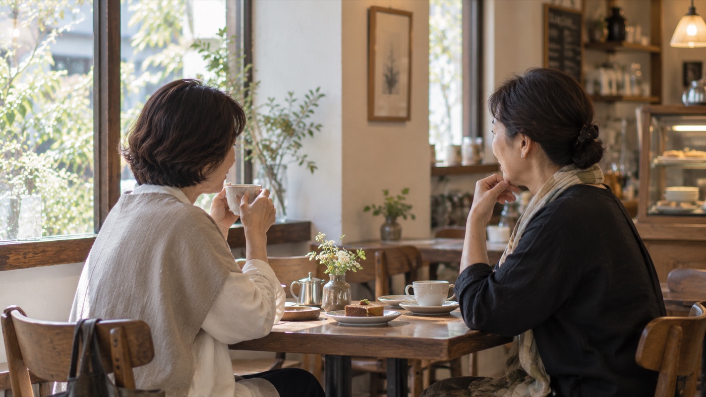 カフェで向かい合って話す二人の女性