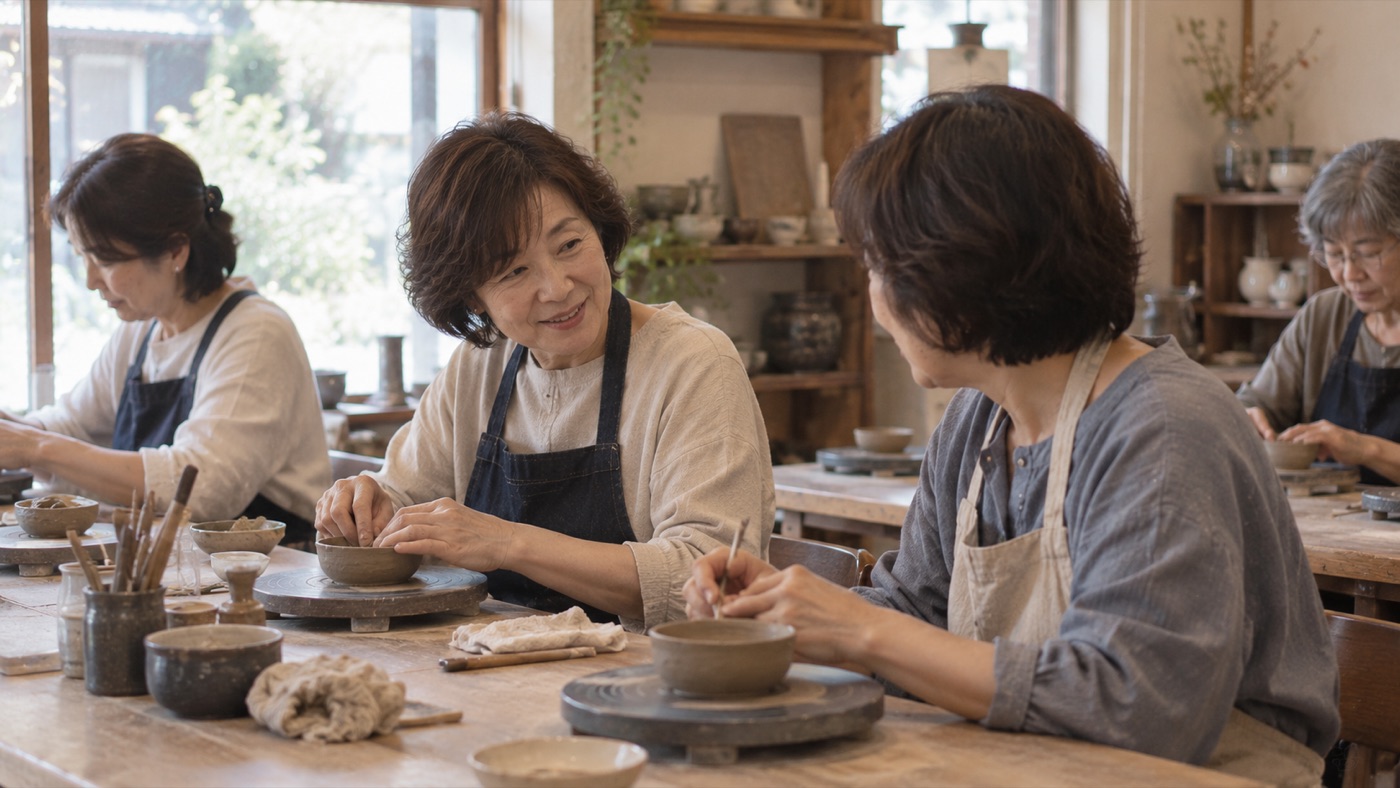 陶芸教室で、隣の人と話しながら作業する女性たち