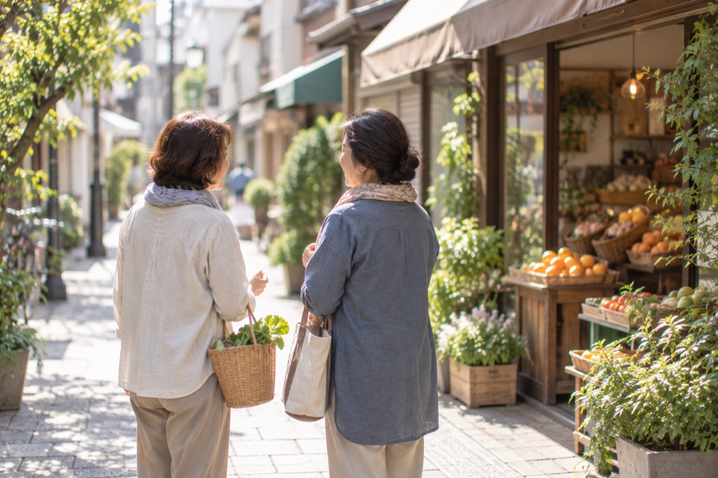 商店街で立ち話をする二人の後ろ姿