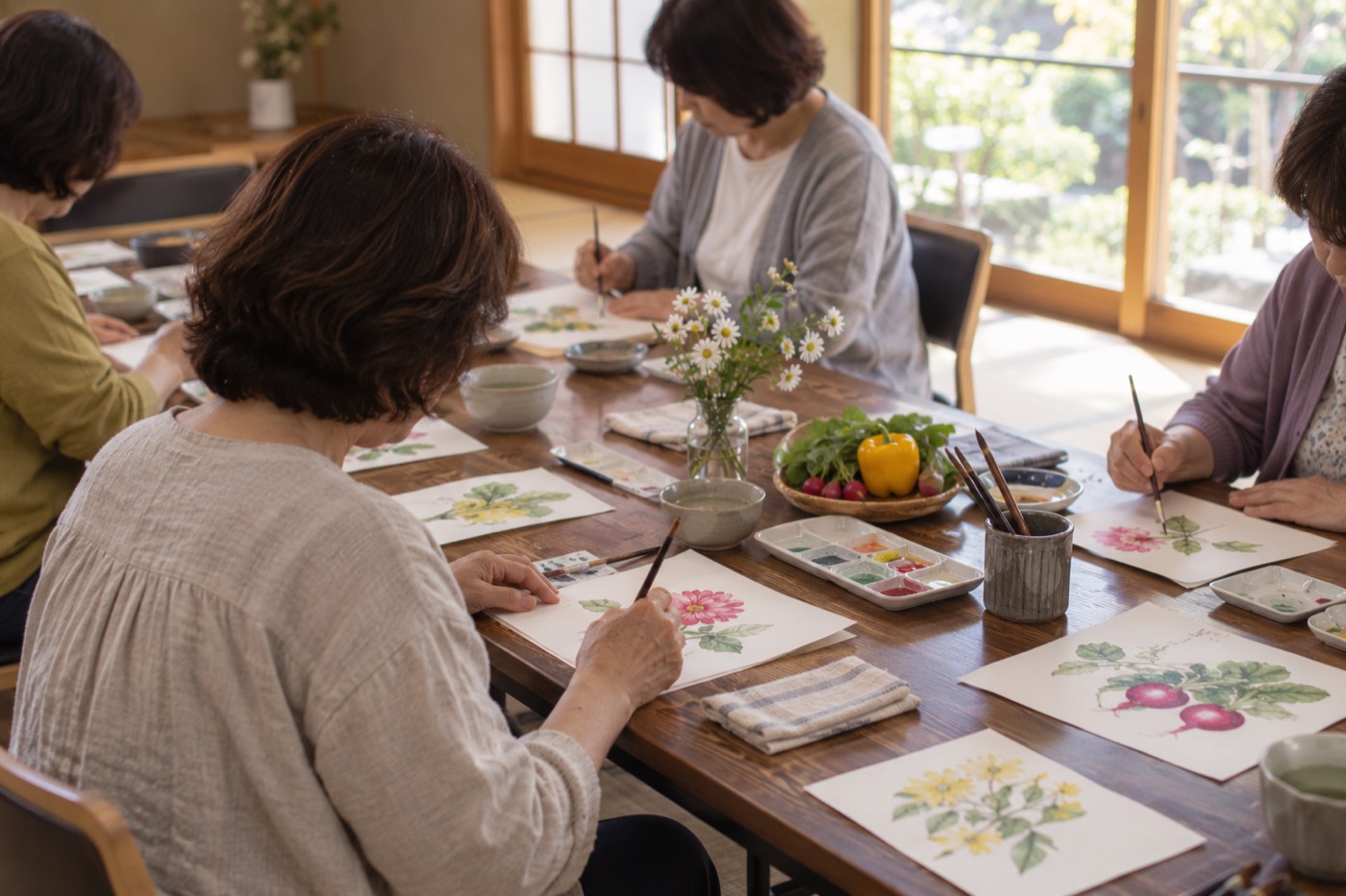 公民館で絵手紙を描く女性たち